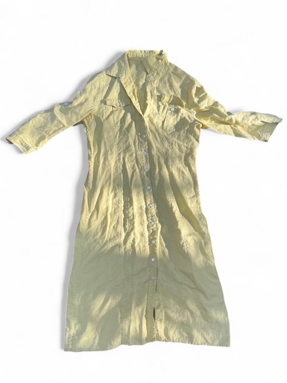 Linen Shirt Dress Light Yellow Button-Front M